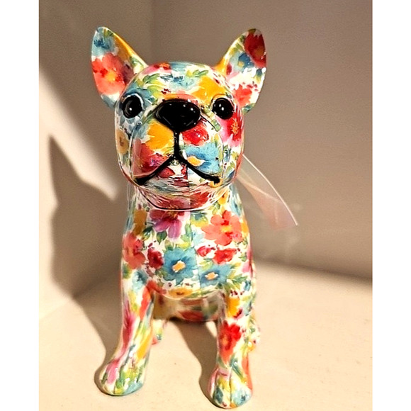 Other - FRENCH BULLDOG WHITE W/ FLORAL/FLOWER PATTERN RESIN FIGURINE 8.75" tall.LAST ONE